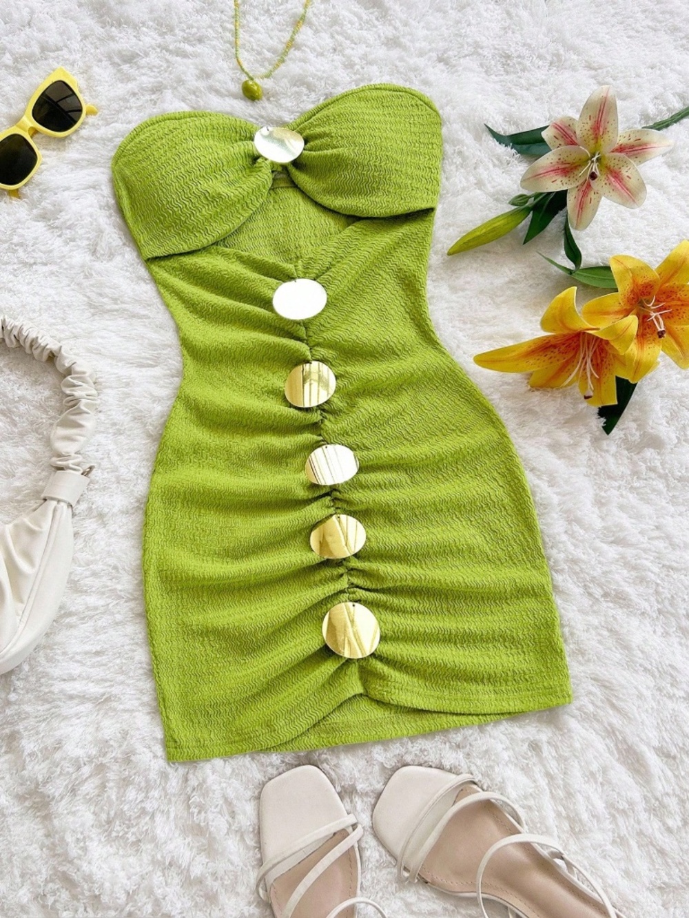 NEW! Soleia Size Large L Textured Knit Lime Green Bandeau Mini Dress lot6085